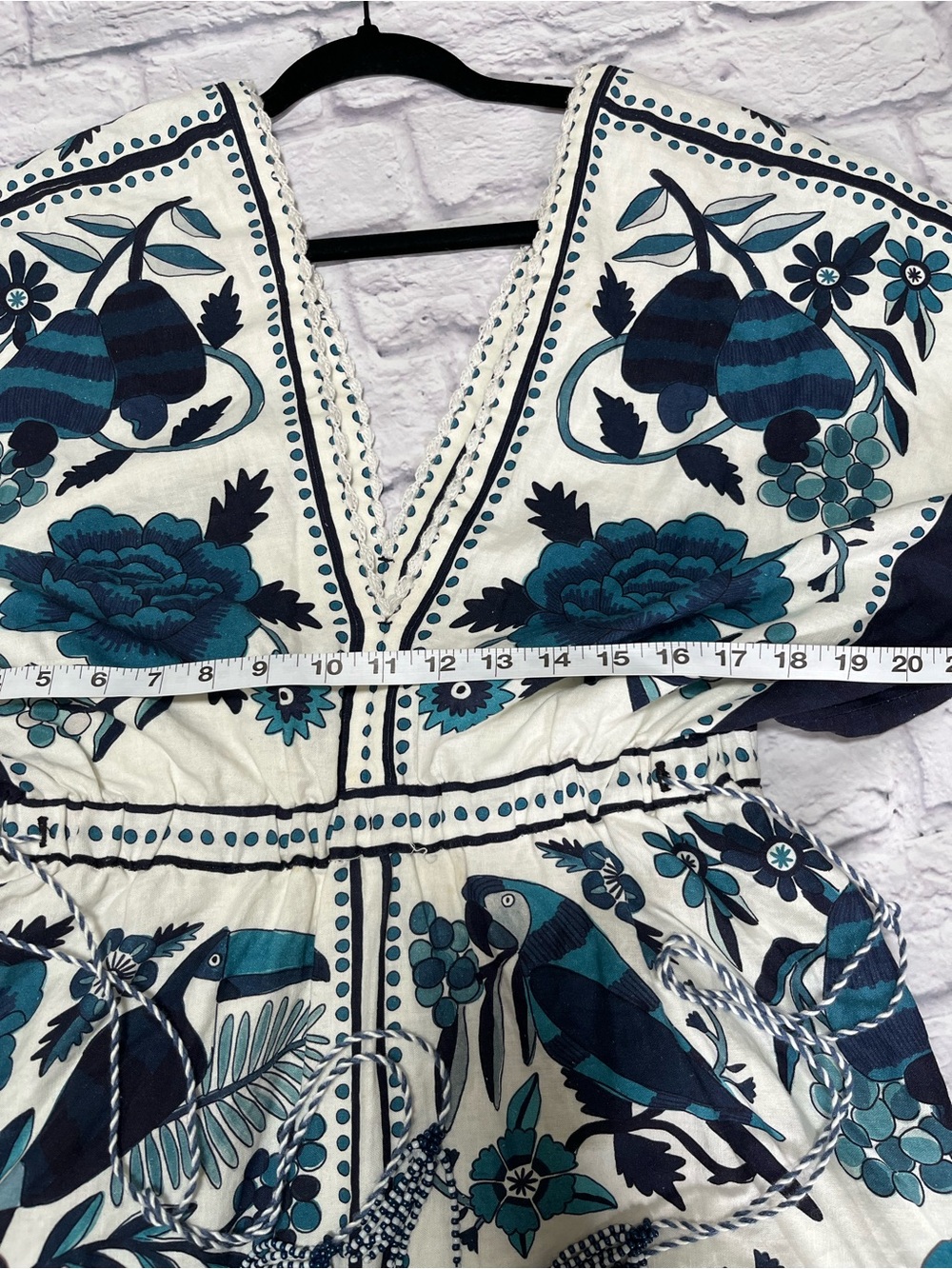 Farm Rio tropical blue white bird floral block print mini dress tassels Resort M - Picture 6 of 9